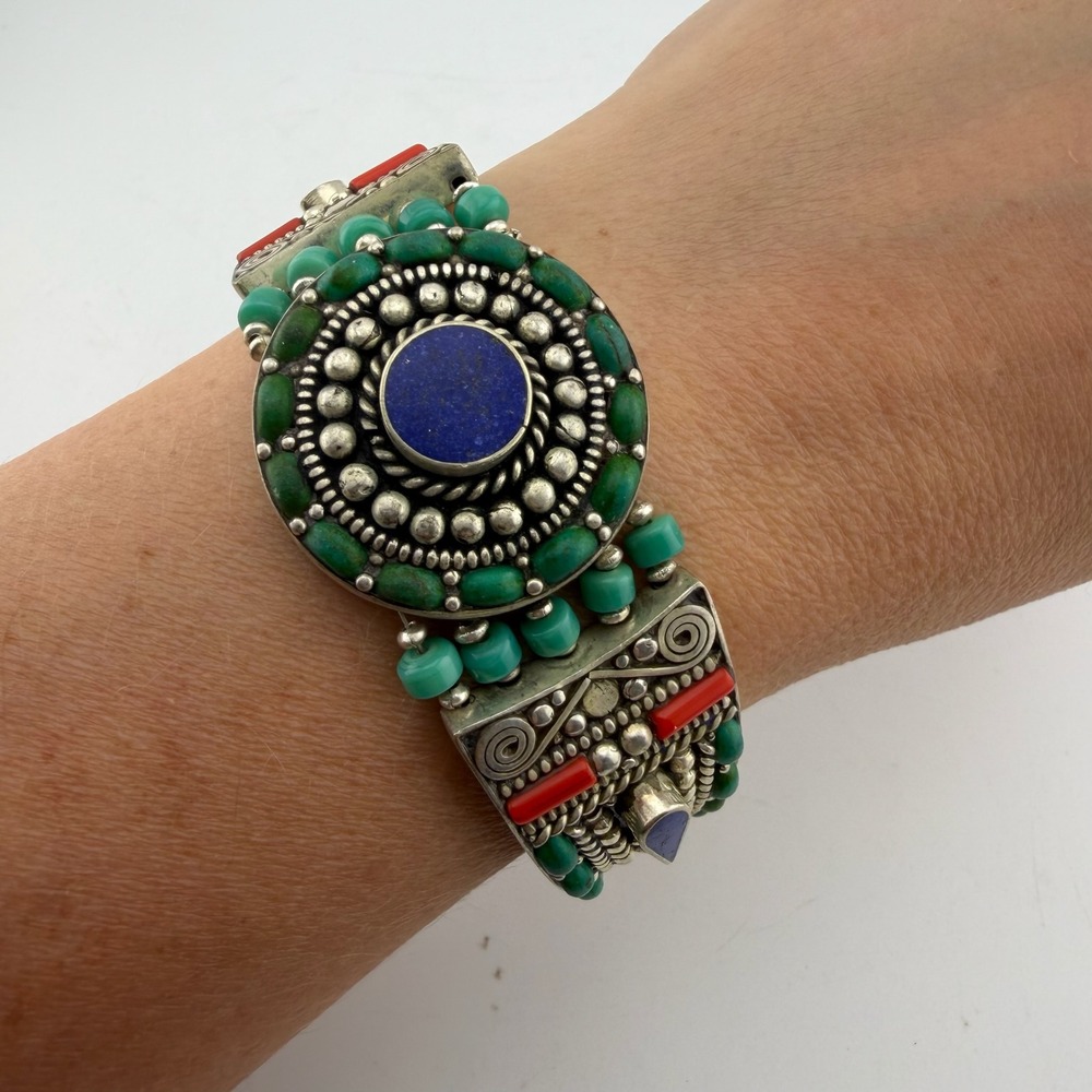 Tibetan Lapis Southwestern Boho Turquoise Coral Inlay Cuff Bracelet